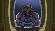 Wario sneakily knowing something good inside the shrine