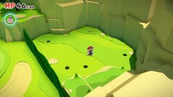 Mario standing near five holes containing a Coin each in Picnic Road of The Origami King.
