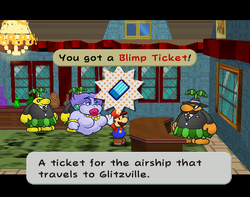 Mario getting the Blimp Ticket from Don Pianta in Rogueport of Paper Mario: The Thousand-Year Door.