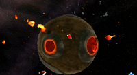 A screenshot of Mario in the Battle Belt Galaxy.