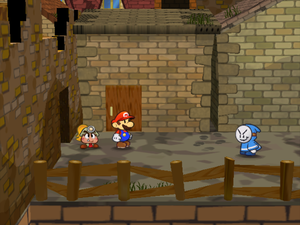 Goombella, Mario and Swindell in Rogueport.