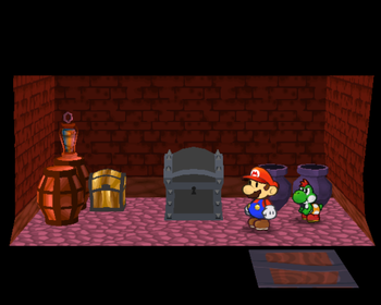 Only treasure chest in Twilight Town of Paper Mario: The Thousand-Year Door. Also contains third black chest.