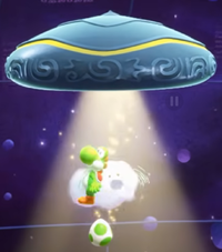 Yoshi and a Floofly getting sucked up by a Yu Ef Oh from Yoshi and the Mysterious Book.