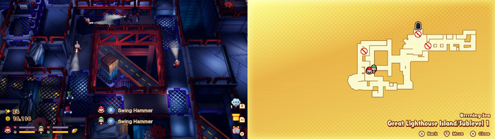 Mario and Luigi near 20 Coins on Great Lighthouse Island of Brrrning Sea of Mario & Luigi: Brothership.