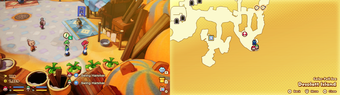 Mario and Luigi near 4 Plug Radishes containing 20 Coins on Desolatt Island of Mario & Luigi: Brothership.