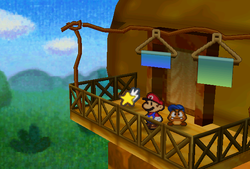 Mario finding a Shooting Star on the veranda of the Goombas' house in Goomba Village of Paper Mario.