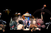 Kiddy rides on Ellie in the cancelled Donkey Kong Racing. To his side are various enemies.
