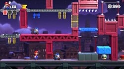 Screenshot of Twilight City level 8-5 from the Nintendo Switch version of Mario vs. Donkey Kong