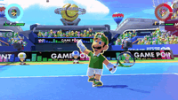 Luigi performing the Pipe Cannon Special Shot from Mario Tennis Aces