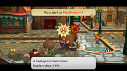 Mario getting a Mushroom from Lucky in Rogueport of Paper Mario: The Thousand-Year Door for Nintendo Switch.