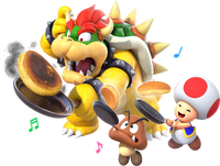 Artwork of Bowser, Goomba, and Toad cooking in rhythm from Super Mario Party Jamboree