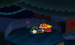 Mario near crumpled up Tree Stump scrap in Tree Branch Trail of Paper Mario: Sticker Star.