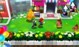 Mario and Luigi in a town area. The unnamed brown-colored characters appear similar to Hoohooligans.