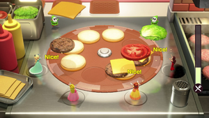 The minigame Burger Builders from Super Mario Party Jamboree