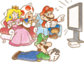 Mario, Luigi, Princess Peach, and Toad playing a game on the Wii U together