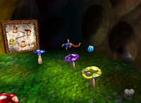 A setup for a Golden Banana for Lanky Kong and a blue Banana Bunch in Fungi Forest.