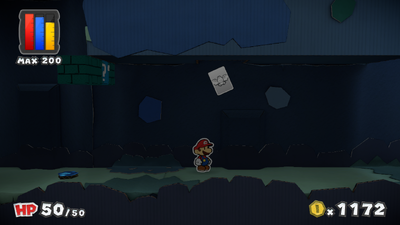 Mario near a colorless Swoop Battle Card in Indigo Underground of Paper Mario: Color Splash.
