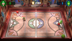 Luigi and Gooigi playing DodgeBrawl at ScreamPark in Luigi's Mansion 3