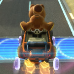 Tanooki Mario performing a trick. Mario Kart 8.