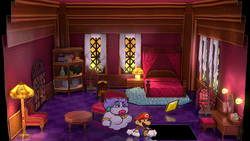 Mario getting the Star Piece to the left of Flurrie's dresser in her house in the remake of the Paper Mario: The Thousand-Year Door for the Nintendo Switch.