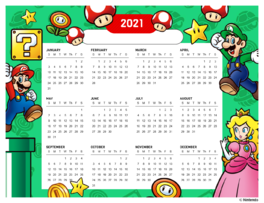 Mushroom Kingdom theme: Mario, Luigi, Peach, fire flowers, mushrooms, gold coins, and power stars on a green background.