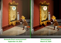 Comparison of Detective Peach observing a wall exhibition in The Case of the Missing Mural, between the Nintendo Direct trailer for Princess Peach: Showtime! and the released game.