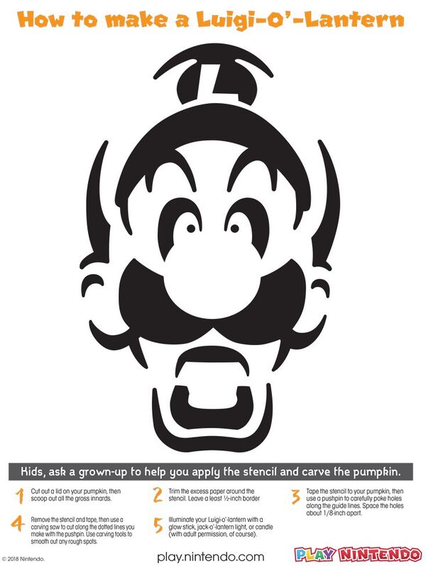 Printable sheet for a Luigi jack-o'-lantern stencil based on one of his Luigi's Mansion promotional renders