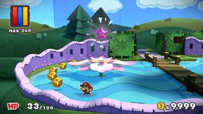 Mario near 5 Coins in Plum Park of Paper Mario: Color Splash.