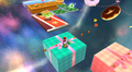 Mario and Yoshi cross moving platforms.