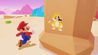 Official screenshot of an 8-bit Cat Mario in the Luncheon Kingdom from Super Mario Odyssey. This screenshot demonstrates his appearance in the VR Update.