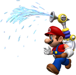 Artwork of Mario spraying water out of F.L.U.D.D. in Super Mario Sunshine