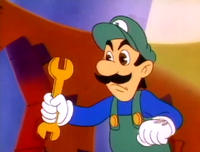 Luigi holding his Golden Wrench in The Super Mario Bros. Super Show! episode "Plummers Academy"