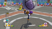 Waluigi uses his Liar Ball Star Pitch in Mario Super Sluggers.