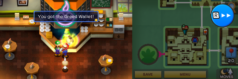 Mario getting the Greed Vallet from Professor E. Gadd in the town part of Beanbean Castle of Mario & Luigi: Superstar Saga + Bowser's Minions.