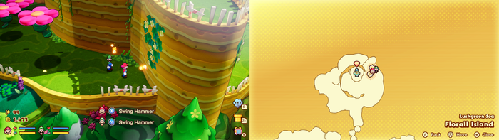 Mario and Luigi near 2 Sprite Bulb Nests on Florall Island of Mario & Luigi: Brothership.