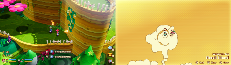 Mario and Luigi near 2 Sprite Bulb Nests on Florall Island of Mario & Luigi: Brothership.
