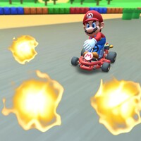 Mario using his Fire Flower Special Item in Mario Kart Tour