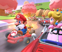 The icon of the Pink Gold Peach Cup challenge from the Peach Tour in Mario Kart Tour.