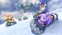 Waluigi drives through Mount Wario in Mario Kart 8.