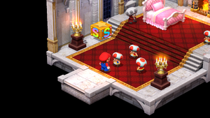 Toad in the Peach's room giving Mario a Flower Tab in the Mushroom Kingdom of Super Mario RPG.