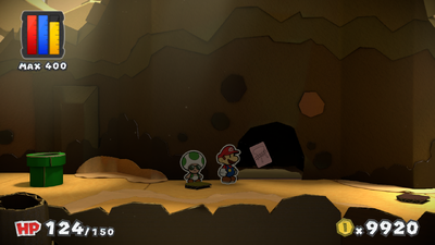 Mario near a colorless Thing Replica Card in Mustard Café of Paper Mario: Color Splash.