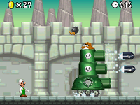 Fire Luigi fighting Monty Tank in World 6-Castle, from New Super Mario Bros.