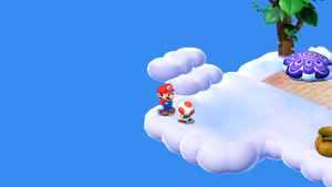 Toad giving Mario 2 Red Essences in Nimbus Land of Super Mario RPG.