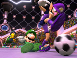 Waluigi dodges a slide tackle from Luigi