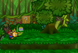 Image of Mario revealing a hidden ? Block in Jade Jungle, in Paper Mario.