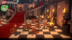 Mario standing near 2 Shiny Mushrooms in Bowser's Castle of The Origami King.