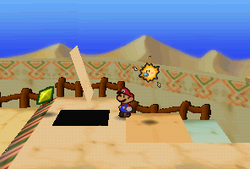 Mario finding a Star Piece under a hidden panel in Dry Dry Outpost in Paper Mario