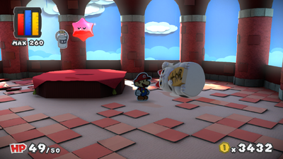 Mario near the Cat-o-Luck Thing in The Crimson Tower of Paper Mario: Color Splash.