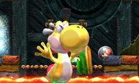 Yellow Yoshi breaking the fourth wall in Fort Bucket Booby Trap