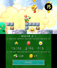 Smiley Flower 1: Floats below some blocks in an area with three Koopa Paratroopas. Yoshi can throw a Koopa Shell at the Smiley Flower through an opening to obtain it.